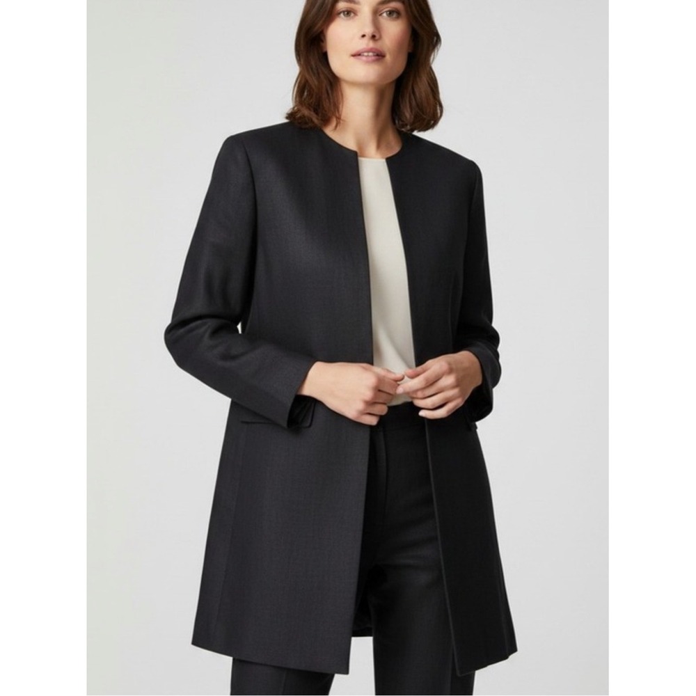 Ralph Lauren Black Linen Collarless Suit Jacket Coat Blazer Tunic Long Open EUC
